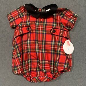 Edgehill Collection Baby Girls Red Plaid Bubble Romper 3M Cotton Velvet Collar